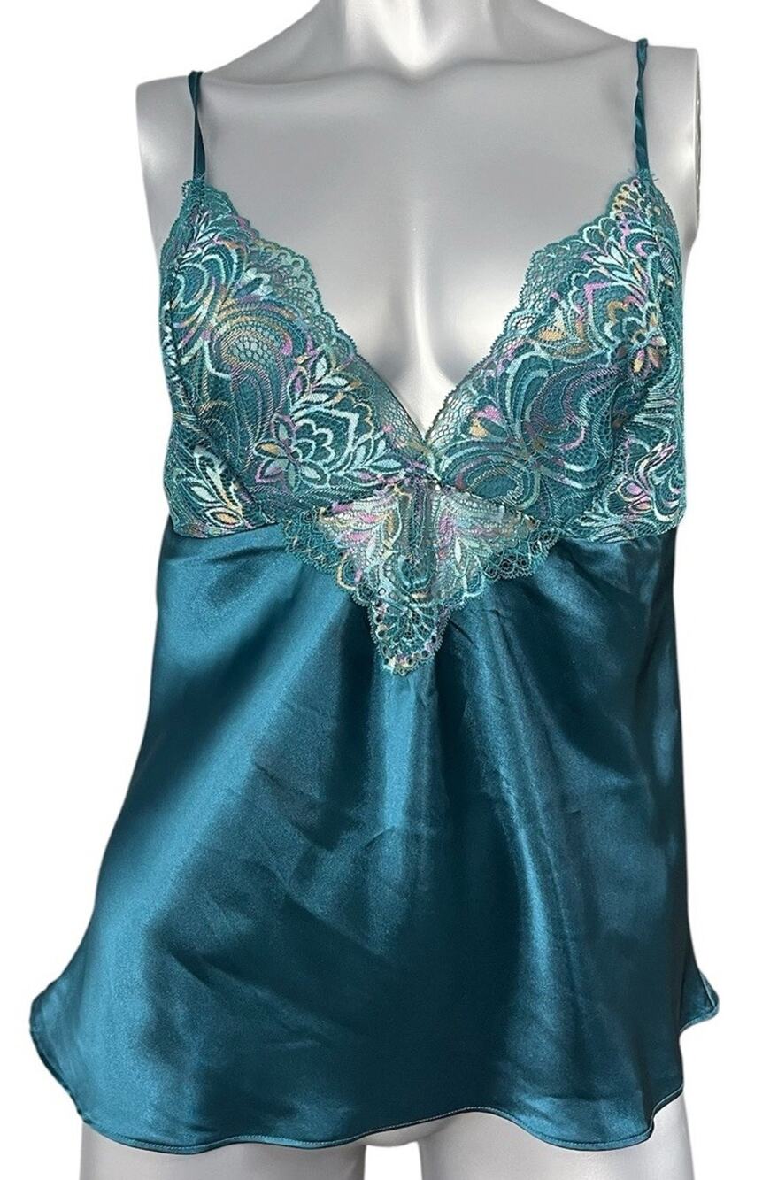 Linea Donatella Lace Camisole Top Womens XL Teal Sleeveless V-Neck Ethereal Y2k